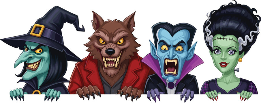 Halloween Monster Cartoon Characters Peeking over White Wall with Witch, Werewolf, Vampire, and Frankenstein's Bride Illustration for Spooky Season Celebration Advertising and Graphic Design with Vect