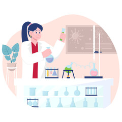 Young woman scientist in white lab coat conducting chemical experiment with flasks and beakers in laboratory with plant and diagram in background soft lighting and pastel colors