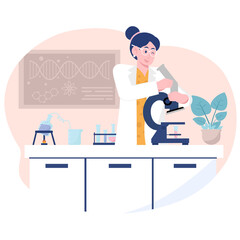 Woman In Lab Coat Conducting Sample Test With Microscope In Bright Laboratory Room With Scientific Charts On Wall And Plant On Counter