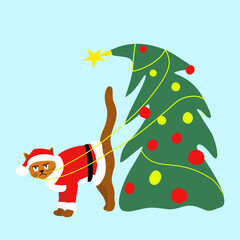 Funny Christmas Cat Tangled in Lights and Tree, Cute Holiday Illustration