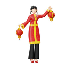 Woman In Traditional Red Chinese Clothing Holding Two Red Lanterns With A Transparent Background