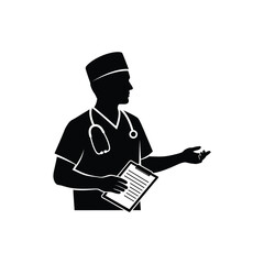 Silhouette of a doctor holding a clipboard, a medical professional with a stethoscope, and a patient record for a healthcare concept