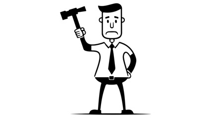 simple illustration of a sad judge or just a person with hammer in one hand, sad judge in suit vector illustration black and white shape
