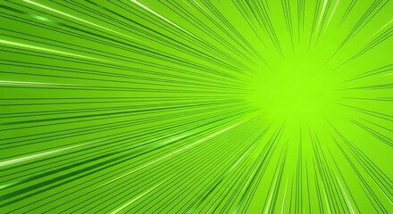 Bright green comic effect background with radial speed lines. Abstract motion animation for manga and anime design. Dynamic energy burst graphic.