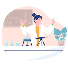 Woman Scientist Conducting Chemical Research Holding Test Tubes and Flasks with a Microscope and Plant in a Laboratory Setting