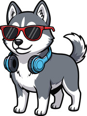 Obraz premium Cute Husky Cartoon Character Wearing Sunglasses and Headphones Standing Confidently on a Lilac Background for Music Education Presentation, Children's Media, Fun Mascot Design, Modern Animal Illustrat