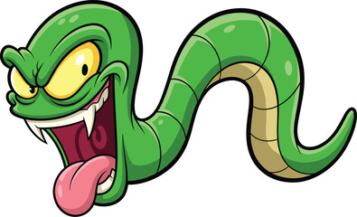 Naklejka premium Cartoon Snake Hissing Aggressively with Sharp Fangs Displayed Against a White Background, Ideal for Children's Animation, Halloween Designs, Horror Themes, and Educational Materials with a Playful and