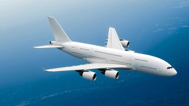 White passenger airplane Airbus A380 flying above the clouds in a blue sky background. Corner view high angle. Double decker jumbo jet aircraft with four engine. Modern passenger jet airplane.