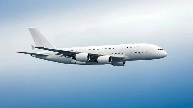 White passenger airplane Airbus A380 flying above the clouds in a blue sky background. Side view angle. Double decker jumbo jet aircraft with four engine. Modern passenger jet airplane.