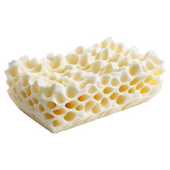 A textured, porous sponge. The intricate structure of the sponge reveals its absorbent nature and suitability for cleaning purposes.