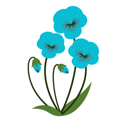 Vibrant Blue Pansy Flowers with Green Leaves and Buds on Transparent Background Botanical Illustration