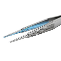 The image is a detailed look at a surgical instrument, showcasing its intricate design and functionality