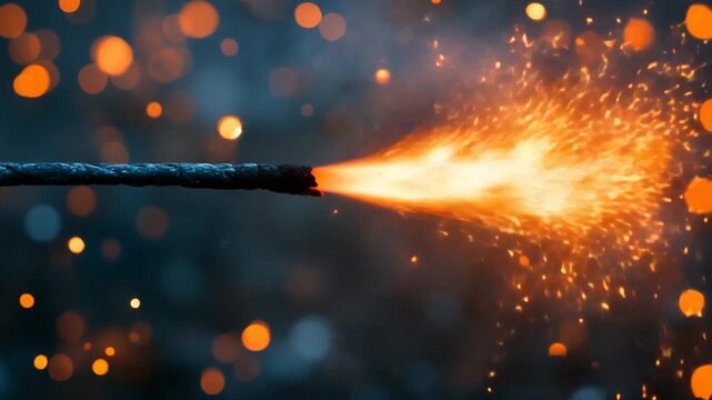 Close up of a lit fuse of a firecracker with sparks and bokeh effect.