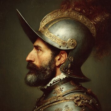 Conquistador Helmet. Hernan Cortes, Spanish Conquistador Portrait in Medieval Knight Armor
