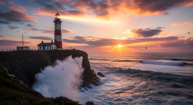 Dramatic sunset over lighthouse and ocean waves crashing on rocky shoreline