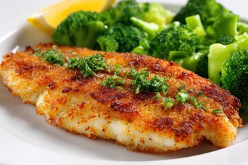 Cooked Walleye. Fried Fish Fillet with Fresh Broccoli and Green Vegetables for Healthy Home Dinner