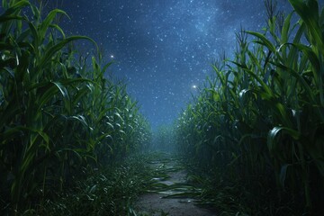 Fototapeta premium Cornfield Night. 3D Rendering of Pathway Through Green Cornfield Under Starry Night Sky