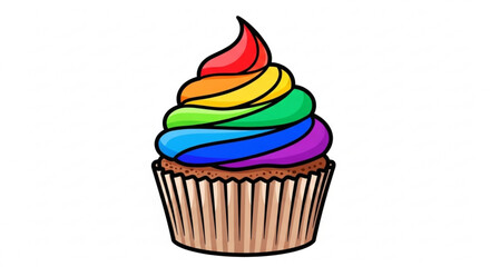 Vibrant rainbow frosted cupcake illustration featuring colorful icing swirls on a sweet brown cake base, perfect for celebration, dessert, and pride themes.