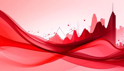 Abstract red cityscape with flowing waveforms and integrated data graphics, ideal for modern design and conceptual storytelling.