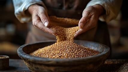 Close-up of hands sifting grains into a wooden bowl. - Powered by Adobe