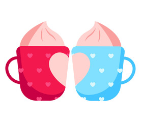 Fototapeta premium Two Cups Of Yogurt With Pink Cream Hearts Pattern On Transparent Background For Couples Or Valentine Day Celebration