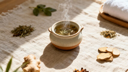 Flat Lay of Ayurvedic Baby Lotion Preparation, Herbal Infusion Steaming in Small Pot on Linen Surface, Natural Organic Calm Aesthetic, Gentle Botanical Wellness Concept