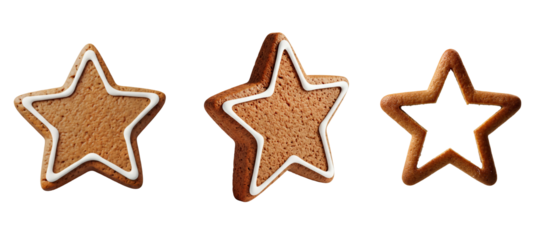 Gingerbread star cookies with icing set, biscuit star outline, gingerbread star cookie, Isolated on transparent background, png