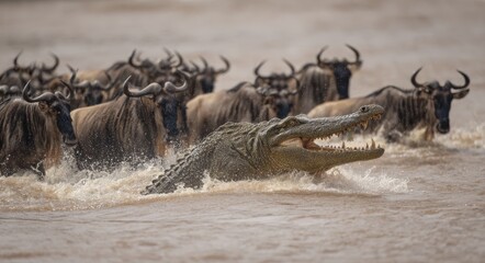 Crocodile Wildebeest: Attack during Great Migration in Mara River, Masai Mara National Park