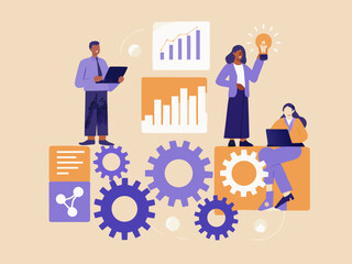 Diverse team collaborating on business strategy with data analysis and innovative ideas