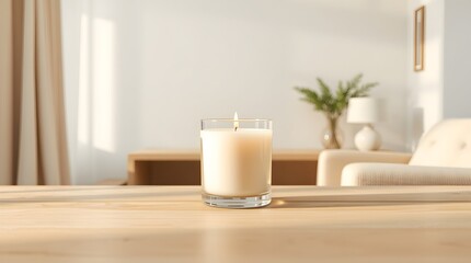 White serene candle mockup in aesthetic minimal room