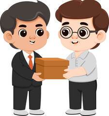 Two men exchanging a brown gift box with one man in a black suit and orange tie and the other in a grey shirt and glasses on a transparent background