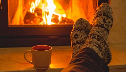 Cozy Evening by the Fireplace with Warm Drink and Socks.