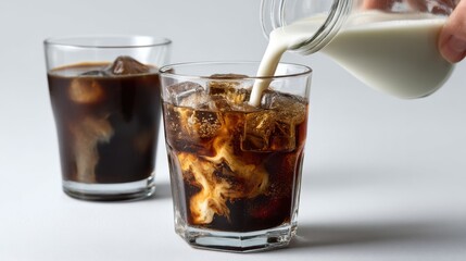Making cold coffee: milk is poured into a glass with espresso and ice cubes, creating a beautiful swirl.