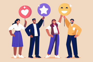 Diverse group of people holding up balloons with positive symbols like a heart star and smiley face