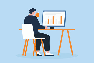 Man working on computer analyzing financial charts and drinking coffee at his desk