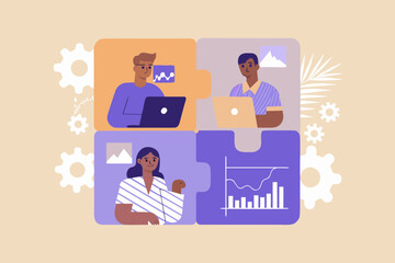 Diverse team collaborating on a project using laptops and analyzing data with charts and graphs