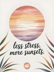 Relaxed typography artwork of the quote Less stress, more sunsets with gradient sunset circle