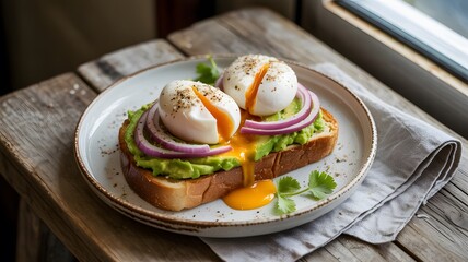 Deliciously creamy avocado toast topped with two perfectly poached eggs and thinly sliced red onion on rustic wooden surface