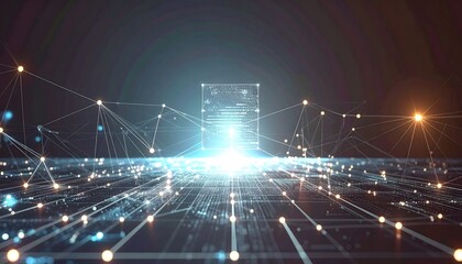 A glowing digital document floating in cyberspace, connected to multiple data streams