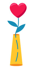 Stylized Red Heart Shaped Flower in a Yellow Vase with Blue Green Leaves Isolated on White Background