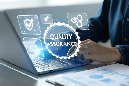 Business professional analyzing digital quality assurance interface on a laptop screen with glowing icons representing security and compliance in a modern office setting - Powered by Adobe