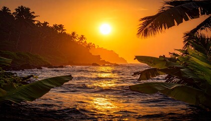 Tropical Sunset Over the Ocean With Palm Trees