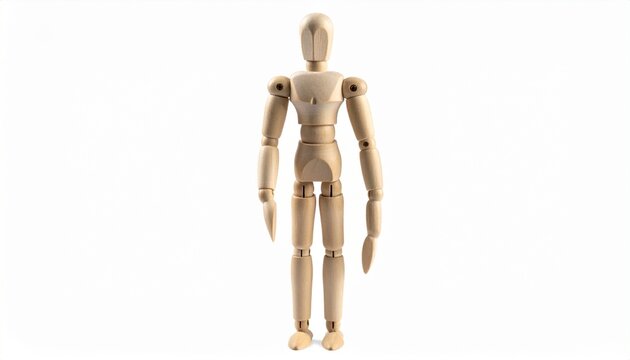Wooden artist mannequin standing upright against plain white background - Powered by Adobe