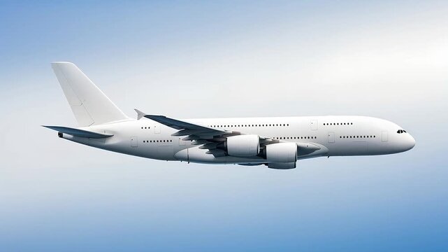 White passenger airplane Airbus A380 flying above the clouds in a blue sky background. Side view low angle. Double decker jumbo jet aircraft with four engine. Modern passenger jet airplane.