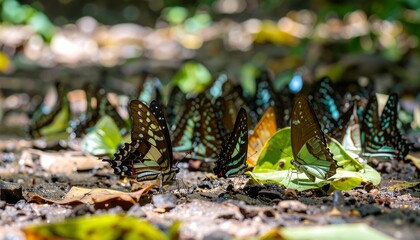 Many butterflies on the forest floor