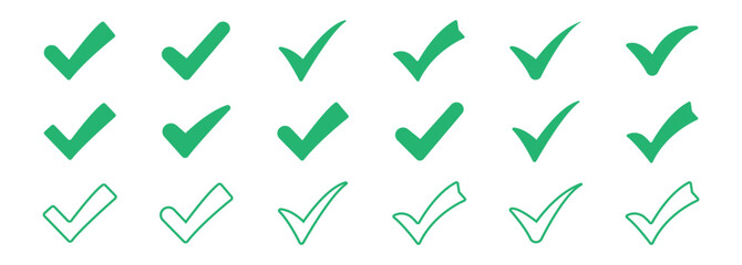 Check mark icons. Creative vector tick mark icon set.  Green checkmark sign for app, UI, website. green checkmark icons for approval and verification. 
