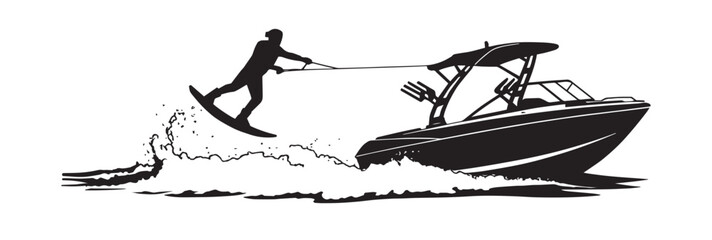 Dynamic silhouette of a person wakeboarding behind a speeding boat, capturing the thrill of water sports and fast-paced summer adventure on the open sea.