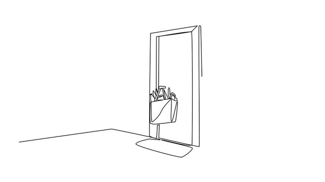 Animation of single continuous line drawing grocery bag containing foods hanging on door handle. National Do Something Good for Your Neighbor Day. One line self drawing animated. Full length motion