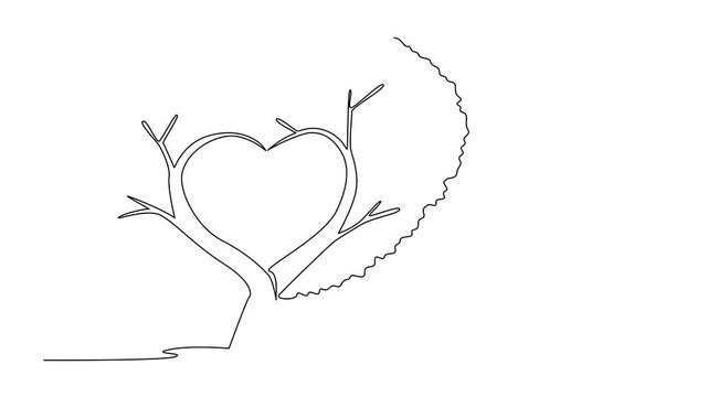 Animation of single continuous line drawing 2 adjacent trees whose trunks curve to form a love shape. Naturally. Care. National Love a Tree Day. One line self drawing animated. Full length motion - Powered by Adobe