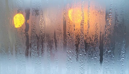 Rainy Window with Blurry City Lights at Dusk.